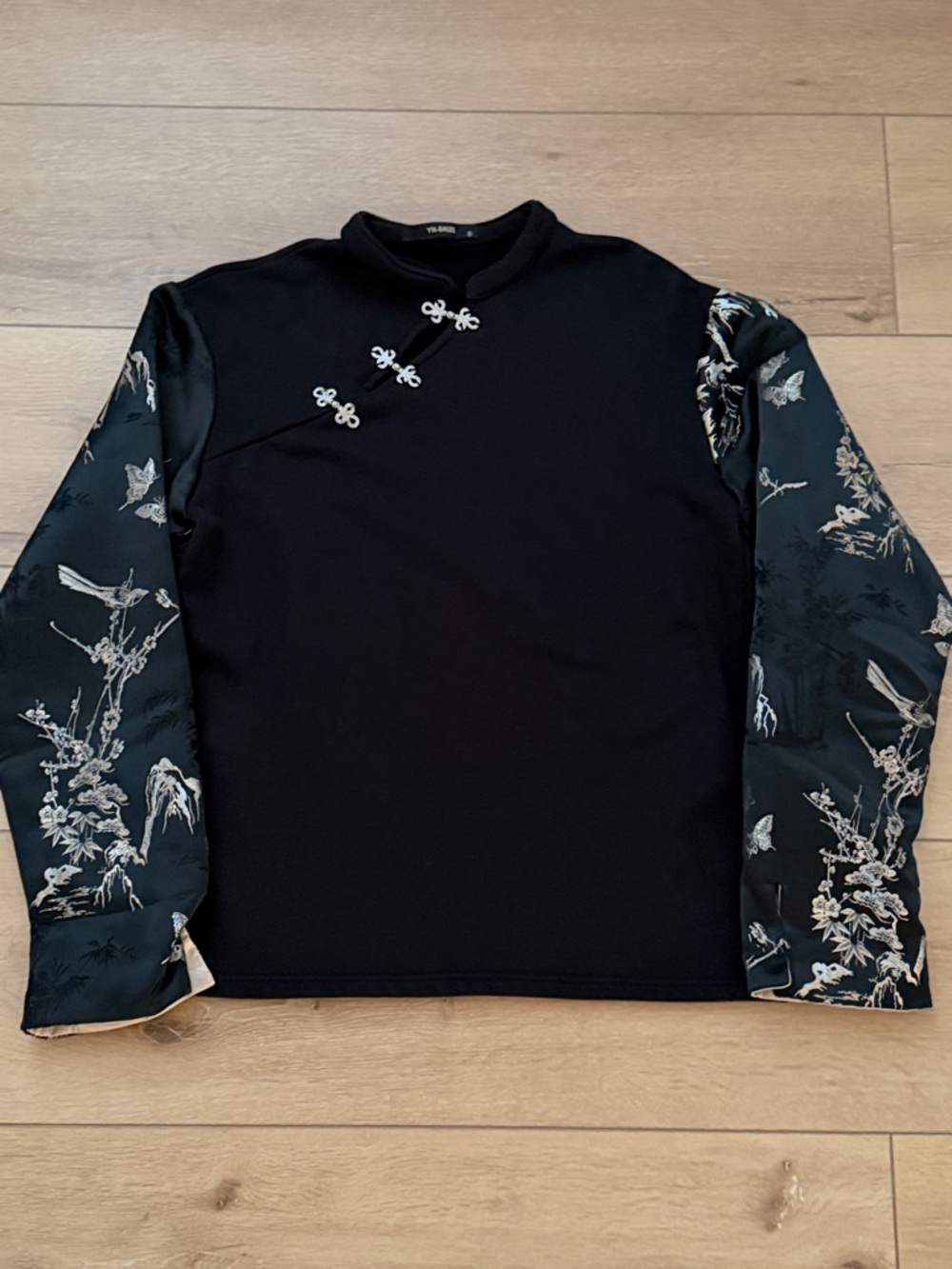 Black Asian-Inspired Top with Patterned Satin Sleeves